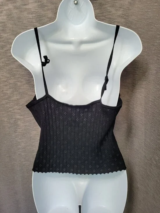 VTG Y2K Tank Top Black Eyelet Womens Jrs XL Cropped Fairy Grunge Gothic Stretch - Picture 9 of 15